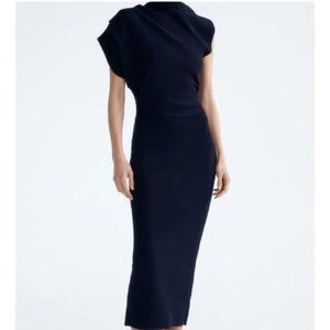 ZARA Asymmetric Sleeve Knit Dress Navy Blue